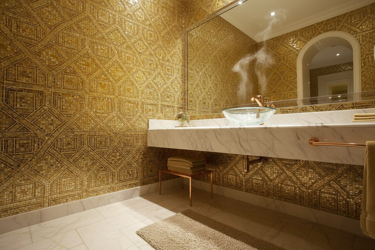 Altın ve cam tessera ile kaplanmış lüks banyo — Taşhan Mozaik