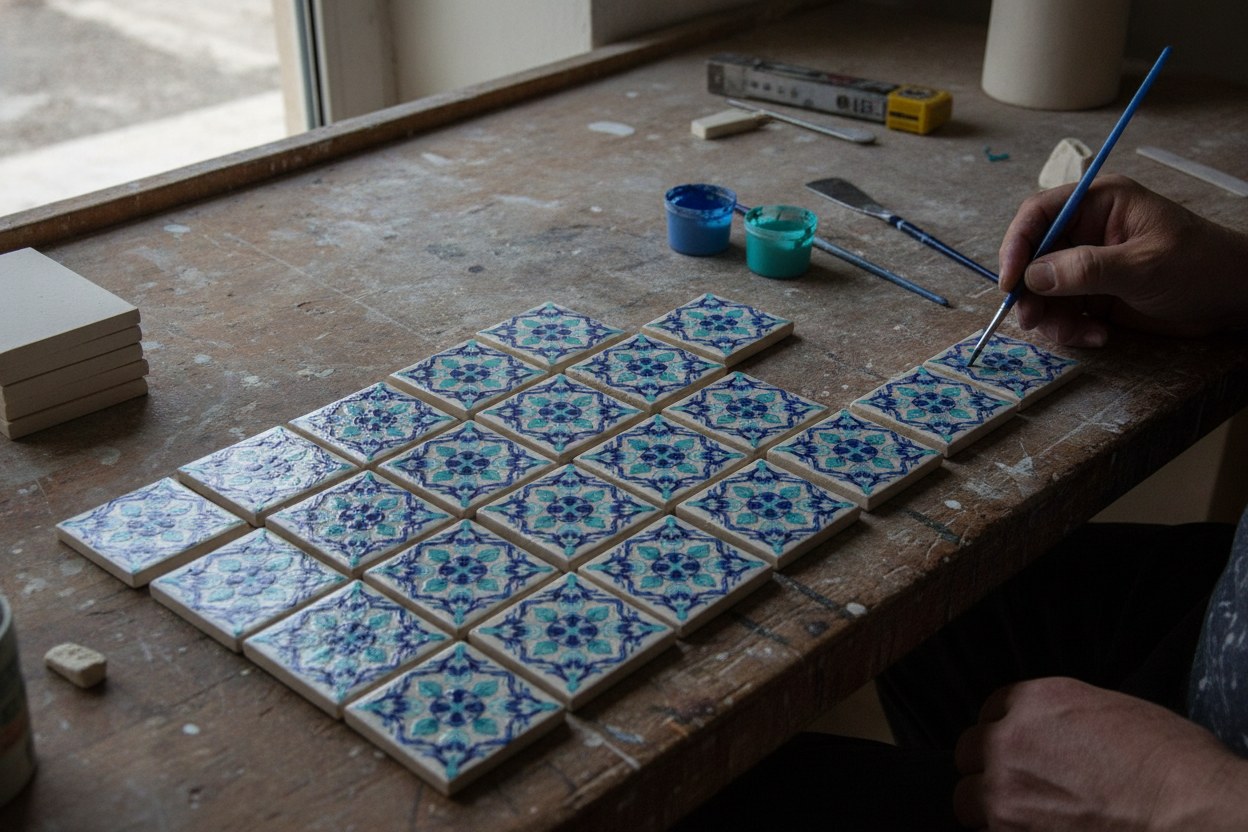 El yapımı seramik tessera — geometrik desenler
