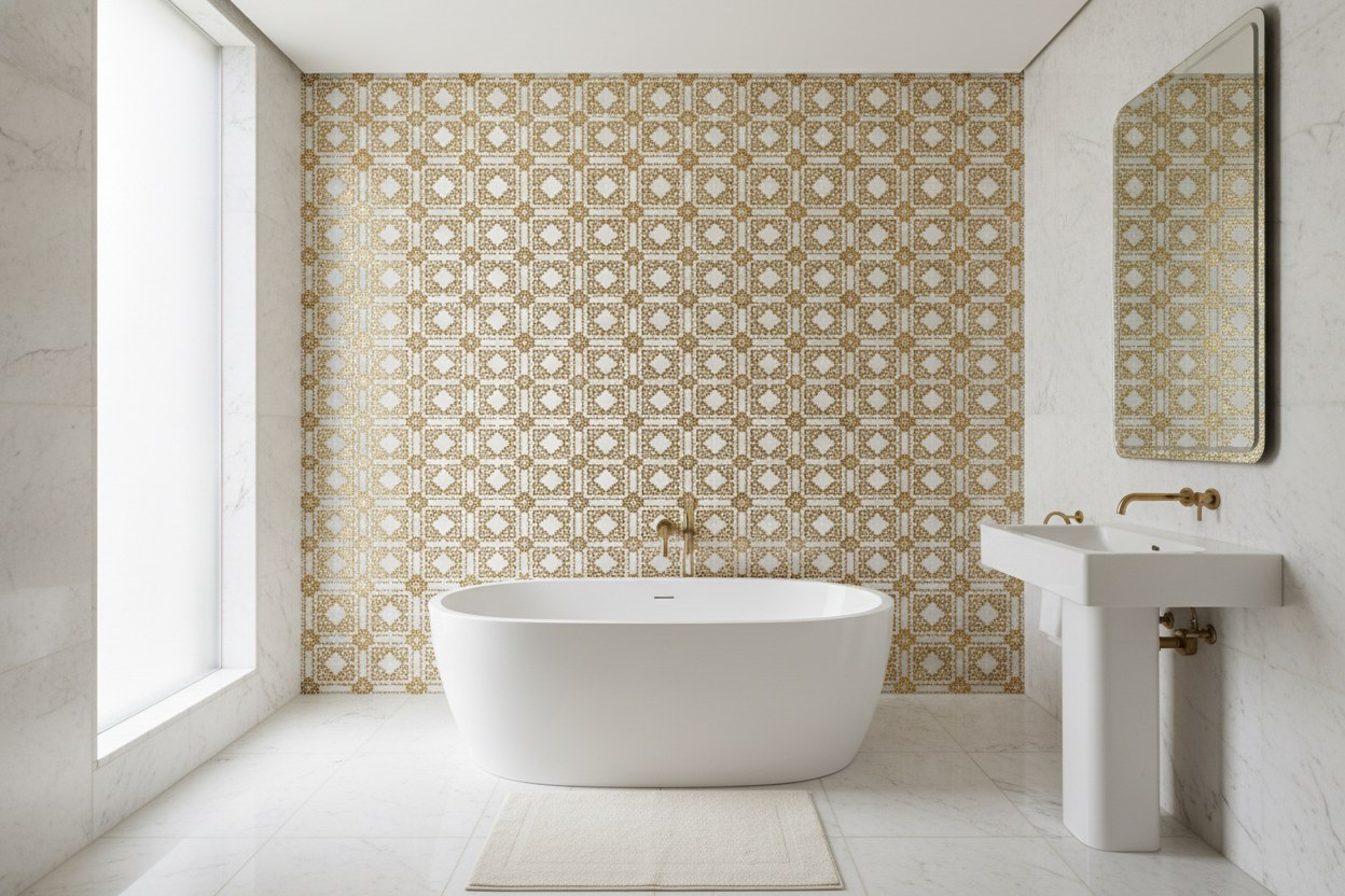 Nişantaşı konut banyo mozaik — altın tessera detay