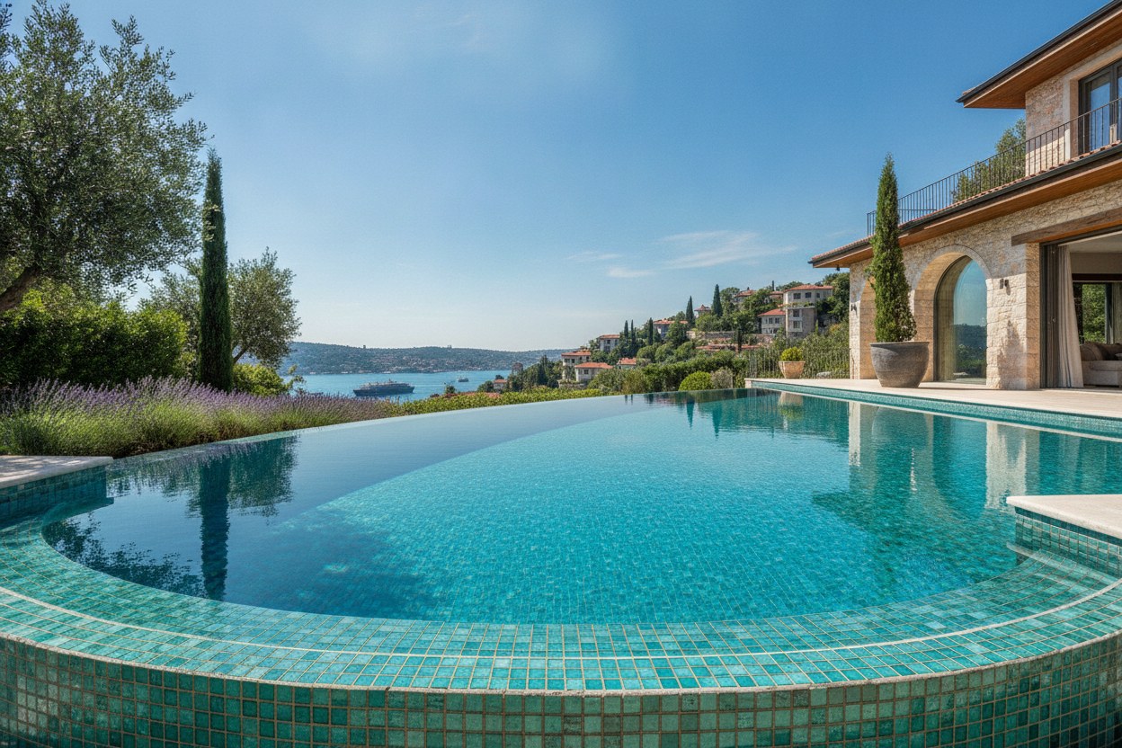 Bebek villa havuz kenarı mozaik — cam tessera mavi