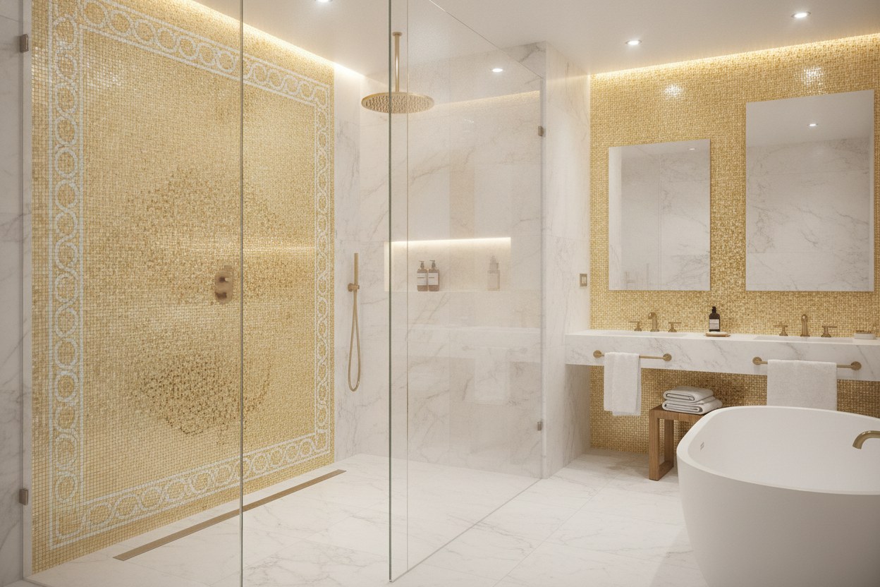 Cihangir residence banyo mozaik — altın ve mermer